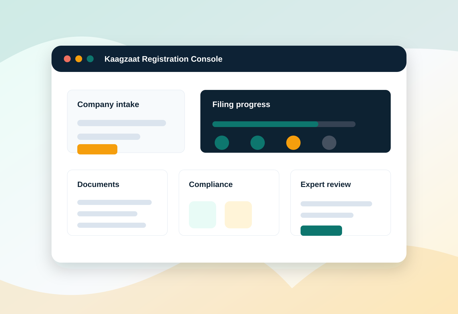 Business compliance dashboard showing registration progress, document status, and filing tasks
